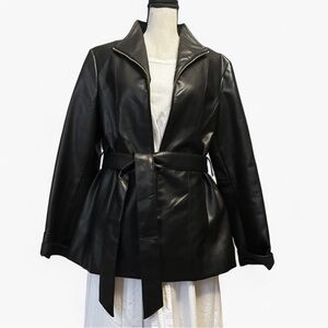 Cole Haan Signature Women’s Faux Leather Zip Belted Black Jacket Size M. NWOT